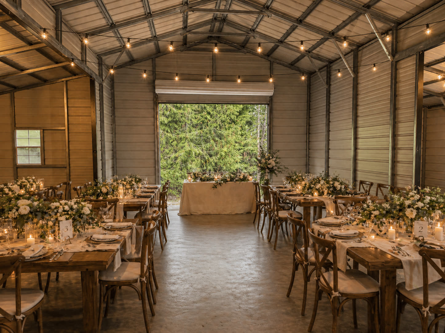 Banquet hall with long farm tables and sweetheart table