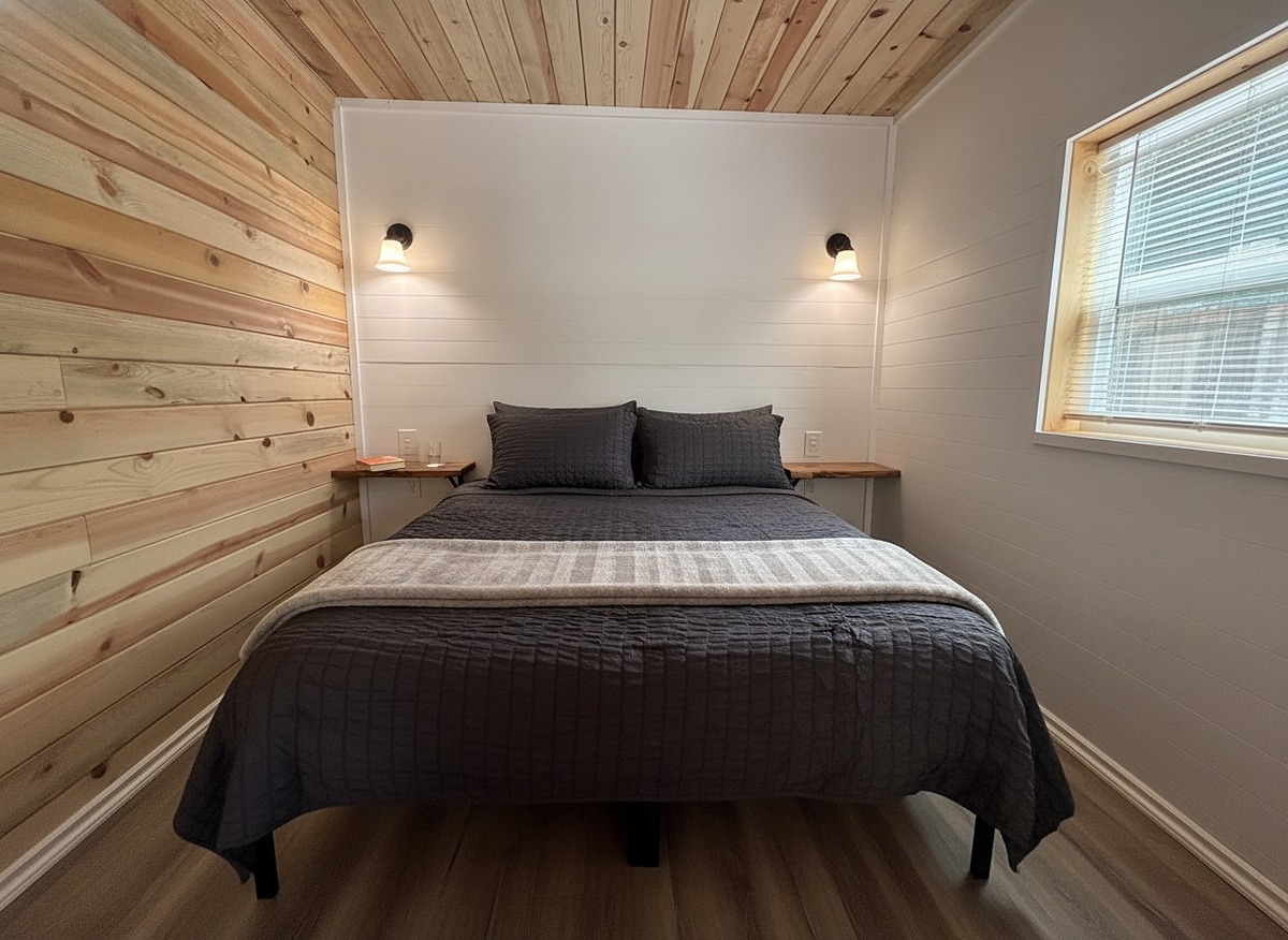 A queen bed in The Caribou made up in charcoal linen beneath two warm wall sconces