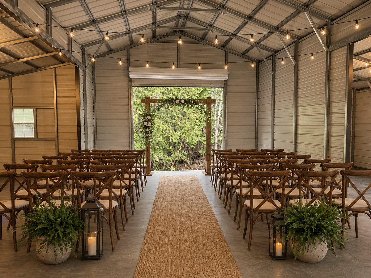 A wedding ceremony set inside the covered event building — timber cross-back chairs either side of a jute aisle, lanterns and ferns, and the end door rolled up on a flower-covered arch opening into the forest